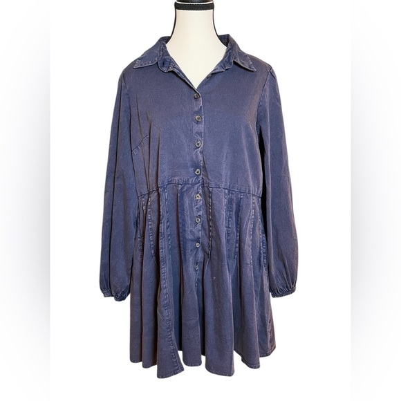 Free People Marvelous Mia Solid Mini Dress Buttondown Babydoll Long Sleeve Small - Picture 2 of 10